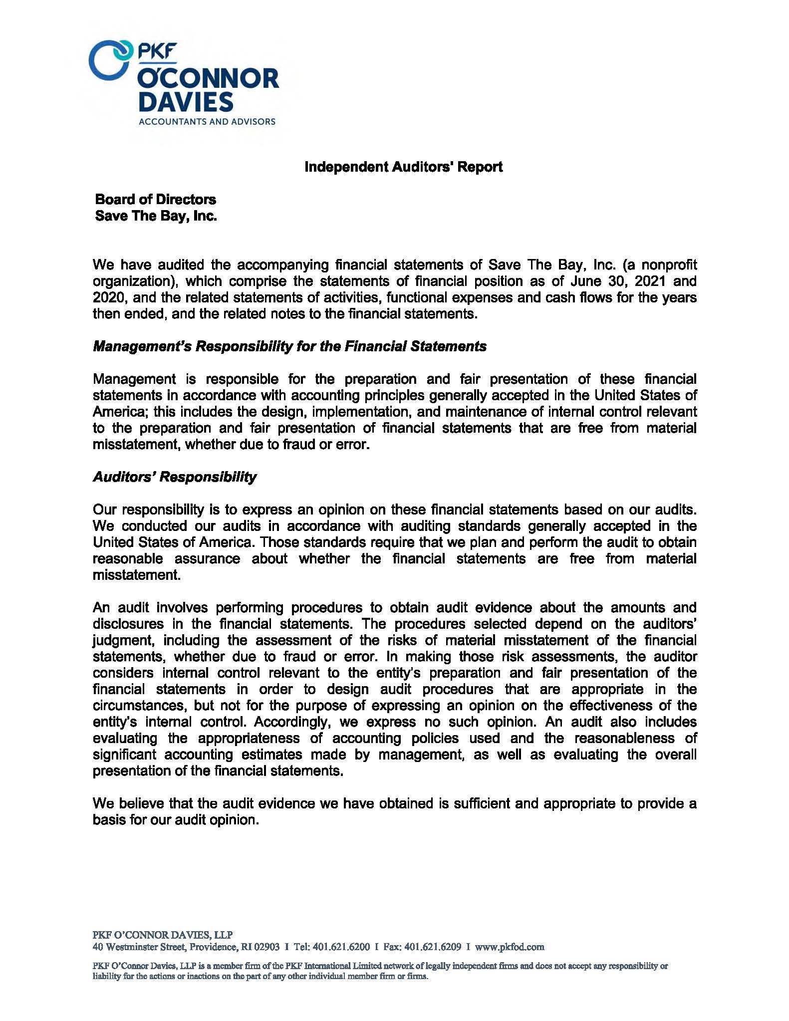 The cover letter of Save The Bay's FY21 Audit Cover Sheet