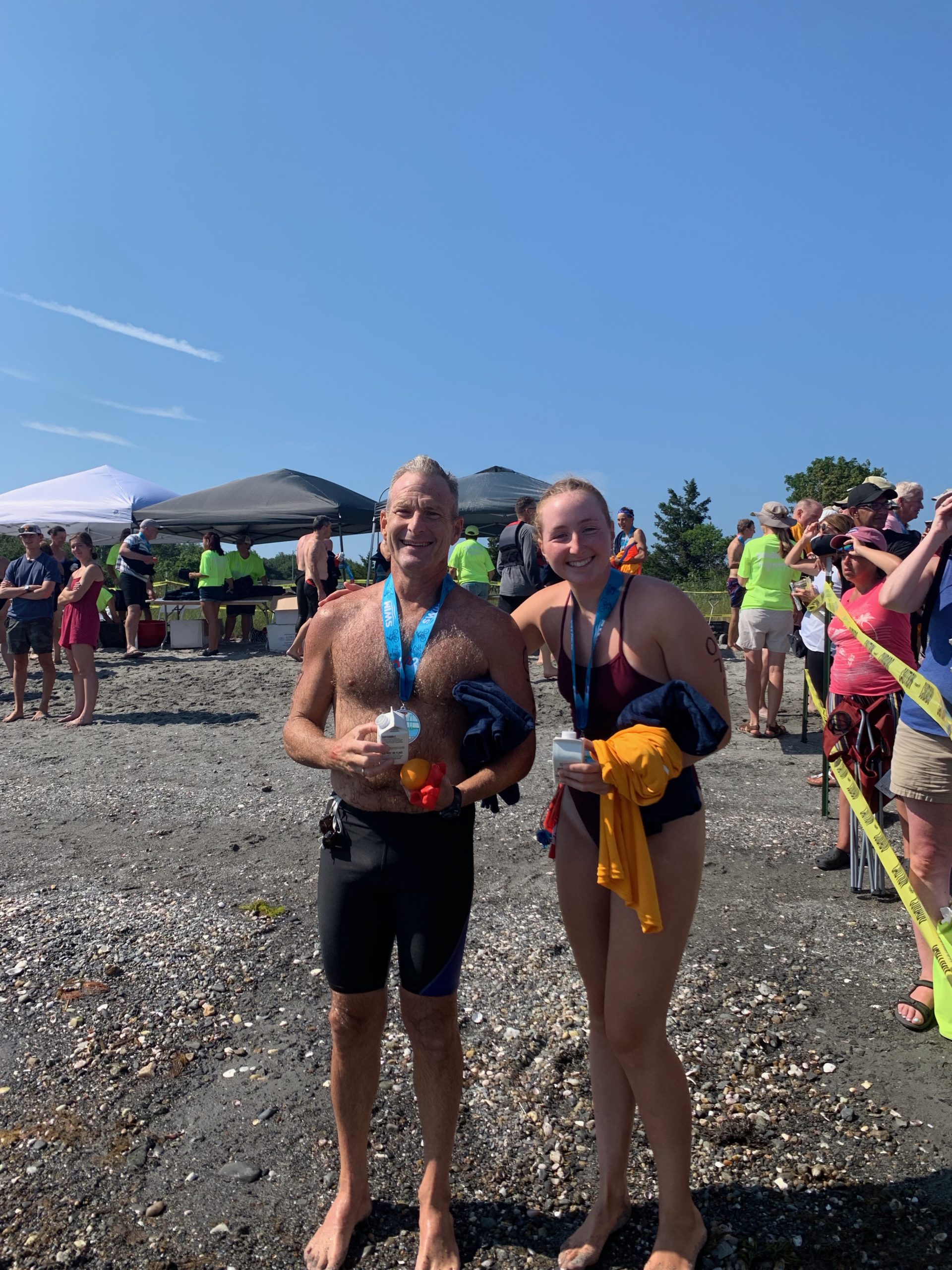Michael and Alexandra Koplovsky at the finish line of their first joint Save The Bay Swim. 