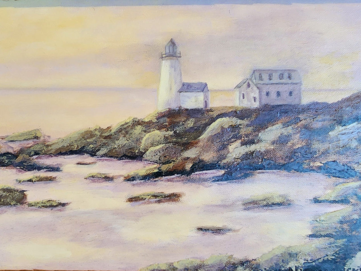 A painting by Bill Nieranowski entitled, "Life on the Rocks," featuring a lighthouse along a rocky coastline in soft light