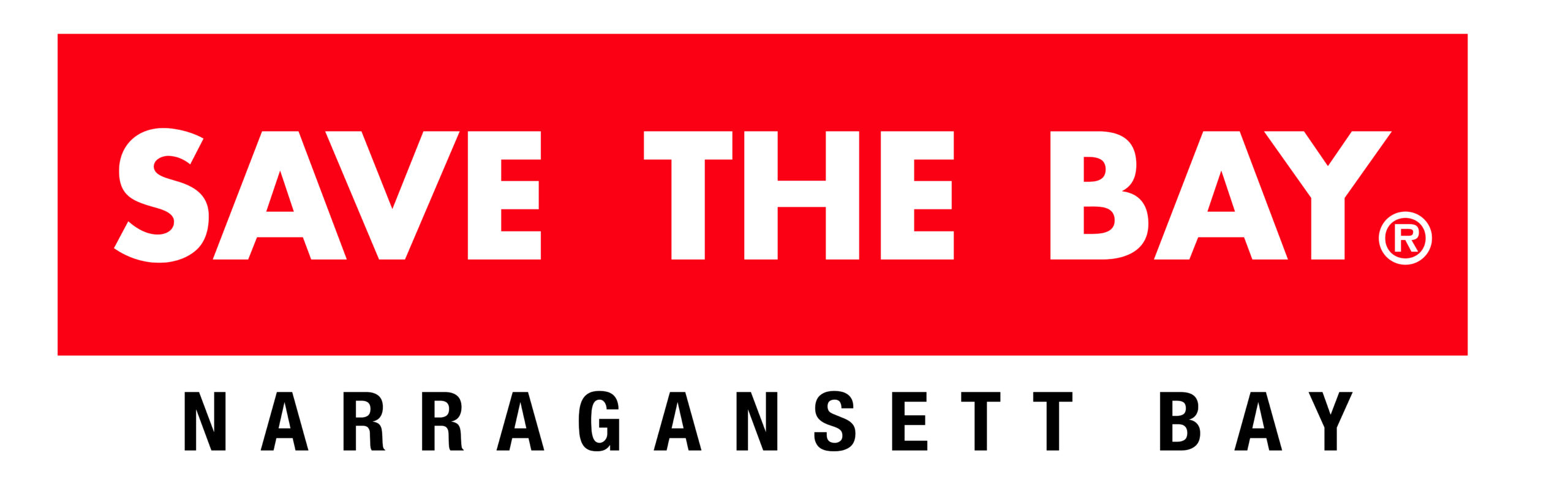 Save The Bay's logo. White text reading "Save The Bay" in all caps on a bright red banner, with the words, "Narragansett Bay" in black, on a white background, below.