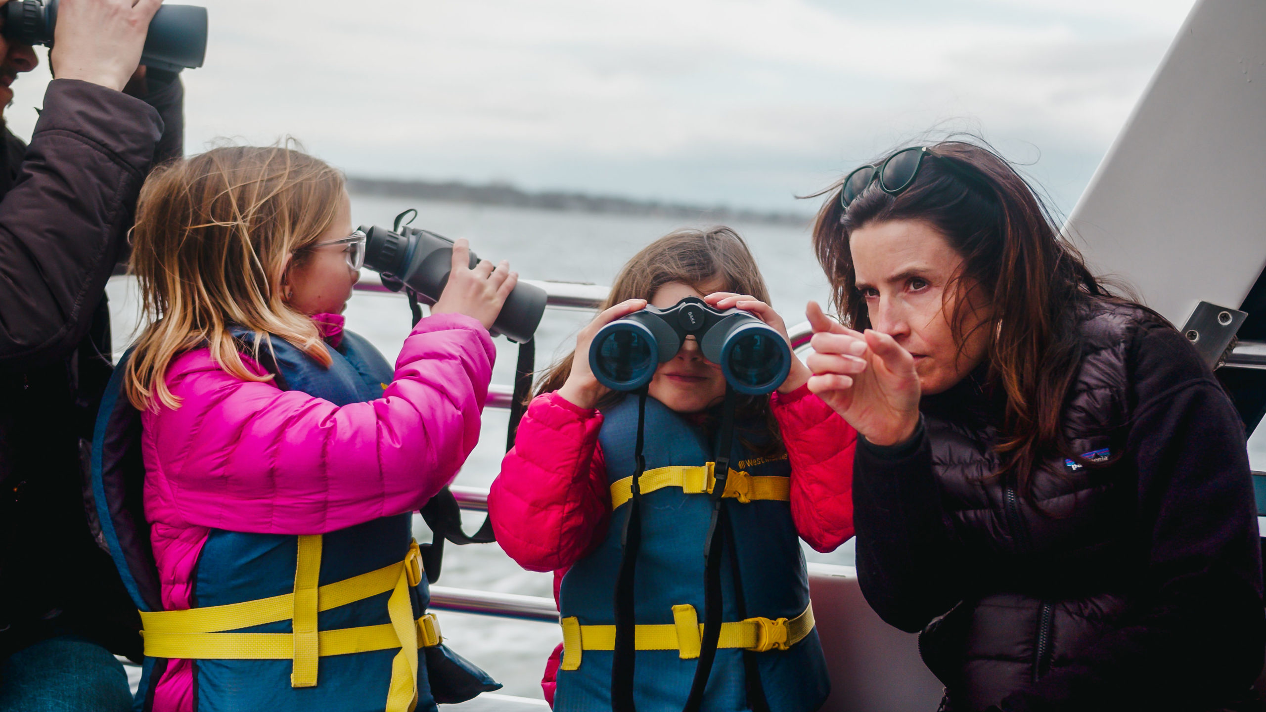 Two children wearing life jackets hold binoculars on board a STB education vesserl during a Seal Tour. An adult woman crouches nearby pointing off to the distance.